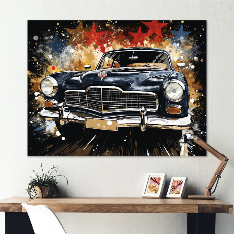 Voiture américaine rétro noire classique - art mural américain ancien, Cadre flottant noir, H 16 po x l 32 po x P 1 po