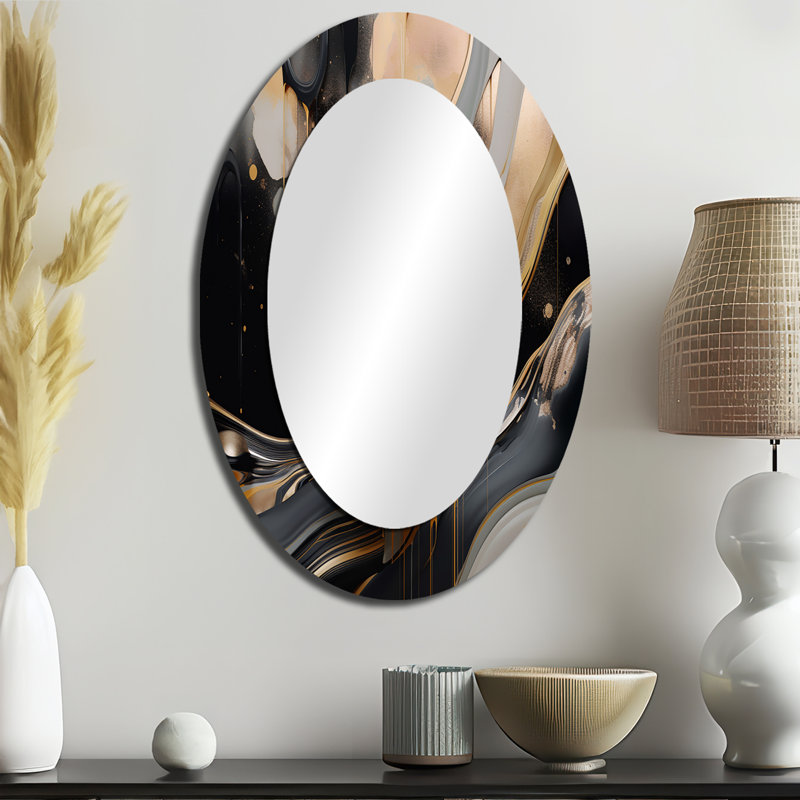 Gold And Black Marbled Euphoria II - Large Oval Wall Mirror On Metal, 36" x 24"
