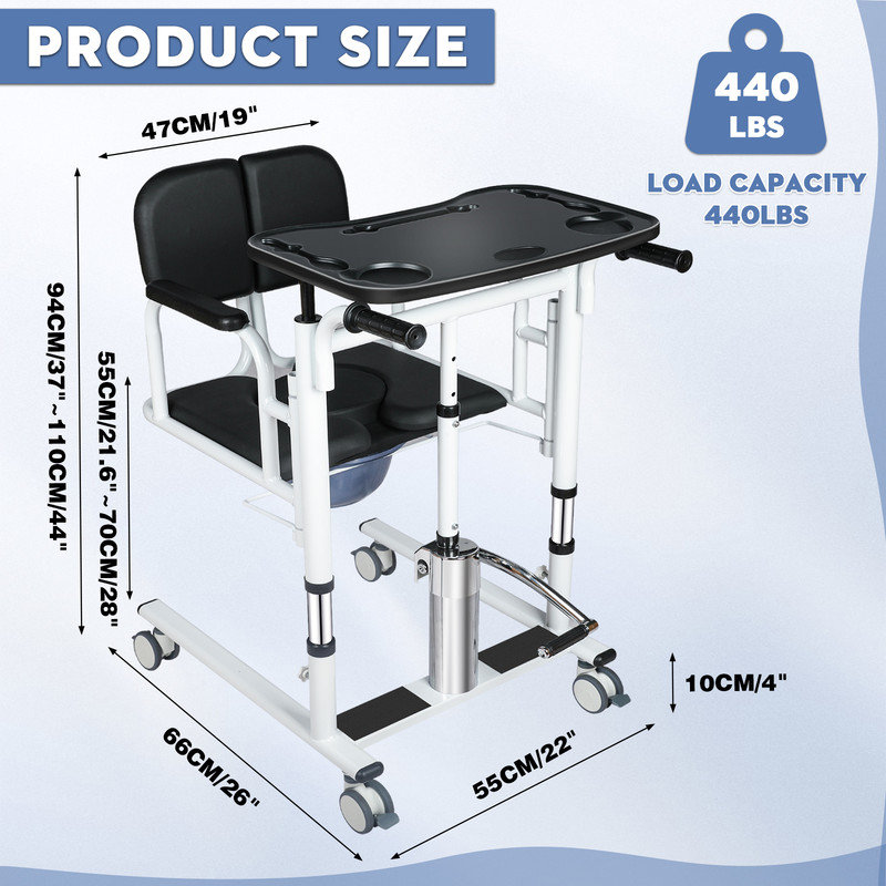 Adjustable Height Hydraulic Patient Lift Transfer Chair, 180° Split PU Seat, Portable Nursing Wheelchair with Commode & Tray for Elderly Home Care,Black