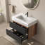 Meuble-lavabo mural 30 po avec lavabo à surface solide blanc brillant et tiroirs noirs doux, meuble-lavabo mural flottant pour salle de bain moderne, une pièce
 Bassin sans drainage et robinet, KD