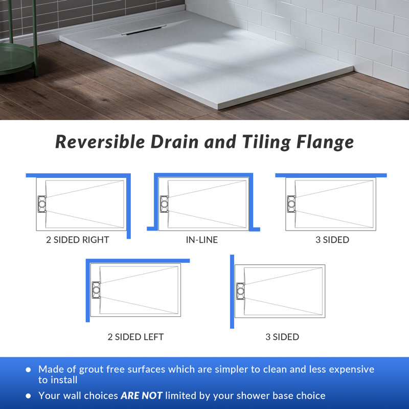 47.25" W X 31.5" D Solid Surface Shower Base, Non-Slip, Low-Profile, Curbless, Wheelchair Accessible, White, Left;Right
