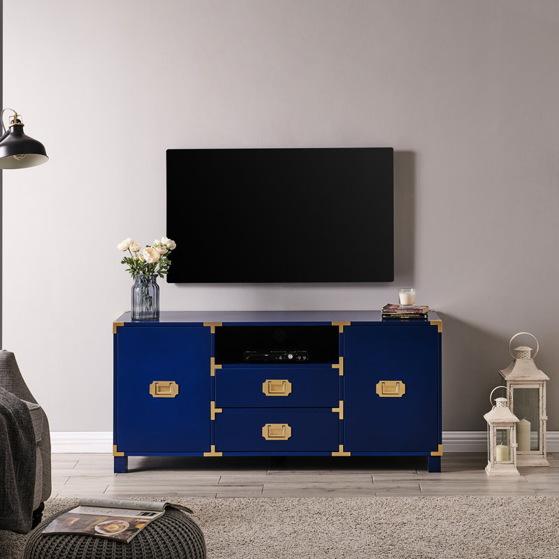 Meuble audio-vidéo bleu marine - Keep Your Stuff In, convient aux téléviseurs de campagne de 50 à 59 pouces avec console et quincaillerie en laiton