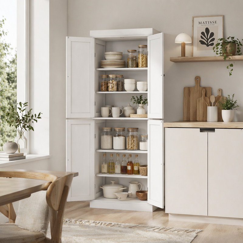 Armoire de cuisine 72,5 po autoportante, armoire de rangement haute avec 4 portes et 2 tablettes réglables pour salle à manger, grain de bois blanc