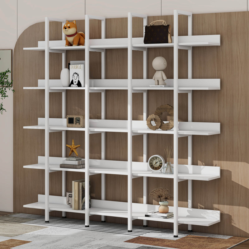 Bibliothèque à 5 niveaux avec structure en métal, tablette ouverte, Blanc