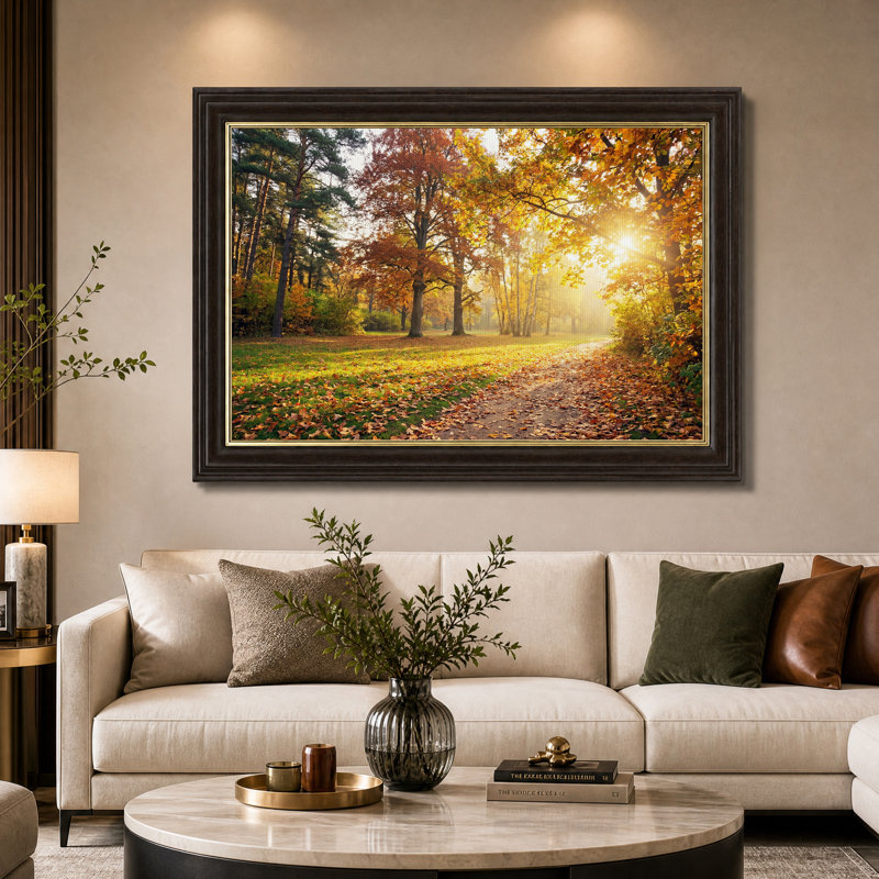Sentier de forêt ensoleillé d'automne avec des feuilles oranges - Tableau sur toile, 12"H x 18"W
