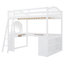 Lit mezzanine double en bois avec bureau en U, compartiments de rangement et miroir à trois volets, blanc