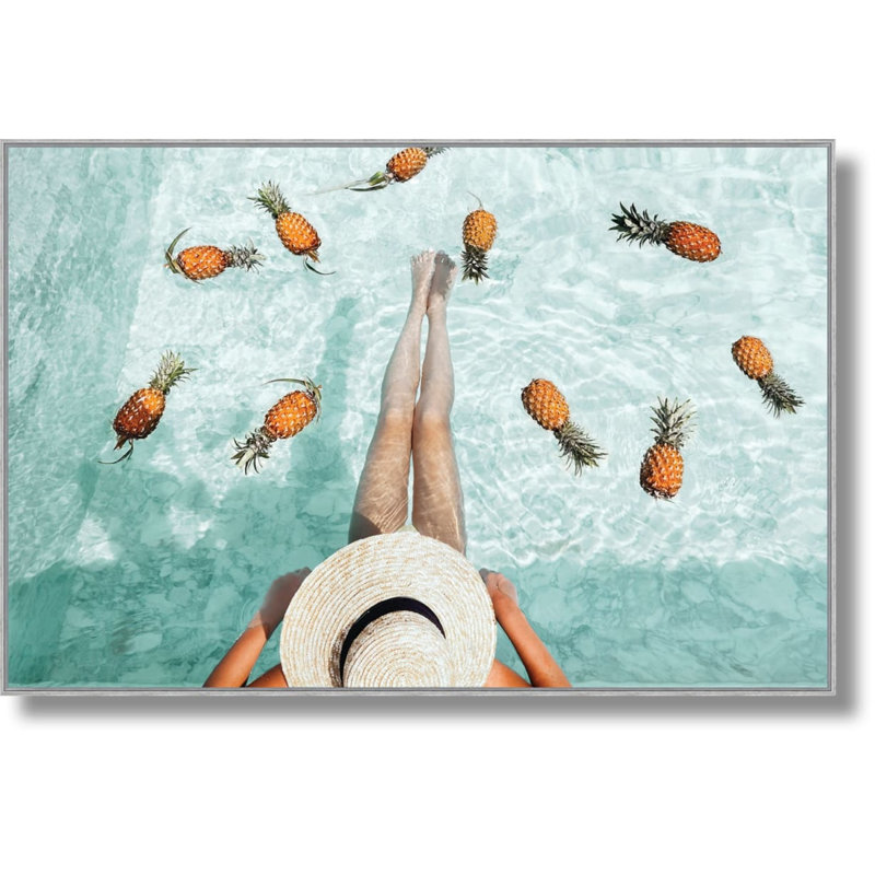 Art mural ananas dans une piscine - 32 po x 47 po - cadre argenté