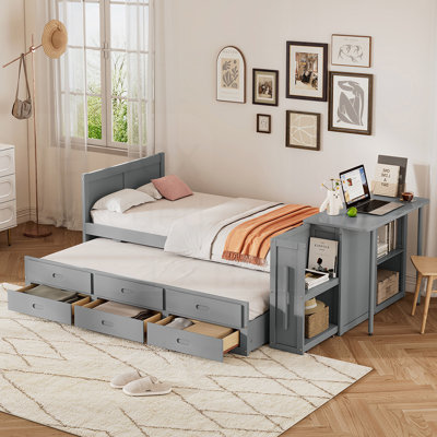 Lit plateforme multifonctionnel en bois avec bureau, tablette de rangement, lit gigogne et 3 tiroirs pour les chambres compactes