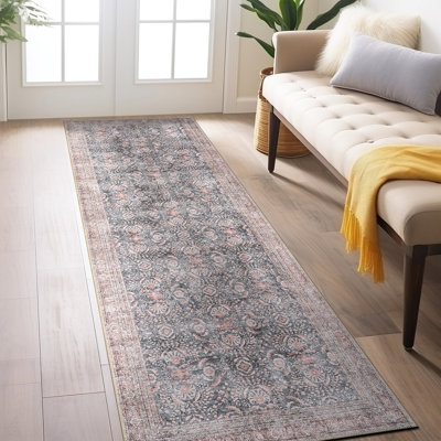 Labarbera Machine Washable Charcoal/Red Non-Slip Backing Area Rug