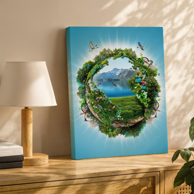 Canvas A Vibrant Surreal Globe Encapsulating Diverse Ecosystems Featuring Lush Greenery Wall Art Colorful Flowers And Various Wildlife Canvas Wall Art