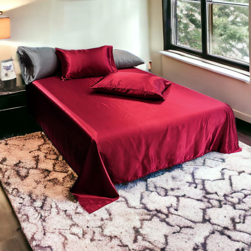 Satin Fitted Sheet, Red, Queen Fitted Sheet with 2 Pillowcases