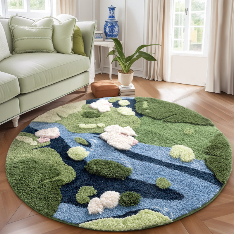 Tapis rond à poils longs lavable à la machine Meadowland, Vert, Rond 5 po