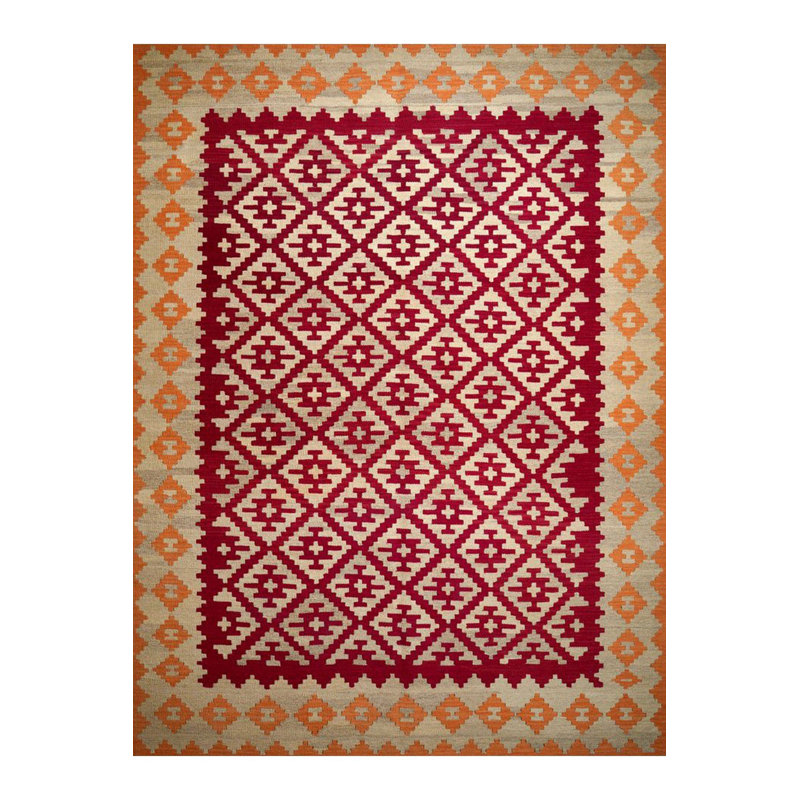 Tapis rouge lavable décoratif à motif tissé rouge et orange, Sous-tapis rectangulaire de 3 pi 3 po x 4 pi 11 po