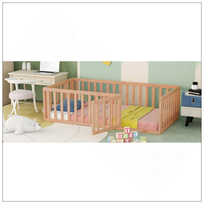 Twin Size Wood Floor Bed Frame With Fence And Door