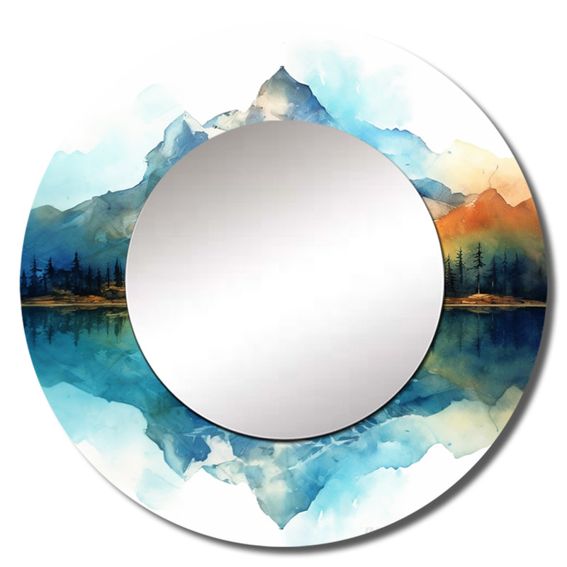 Saeger Calming Mountain Riverside III - Mountains Decorative Mirror, Turquoise Round Wall Mirror, Printed Metal Art