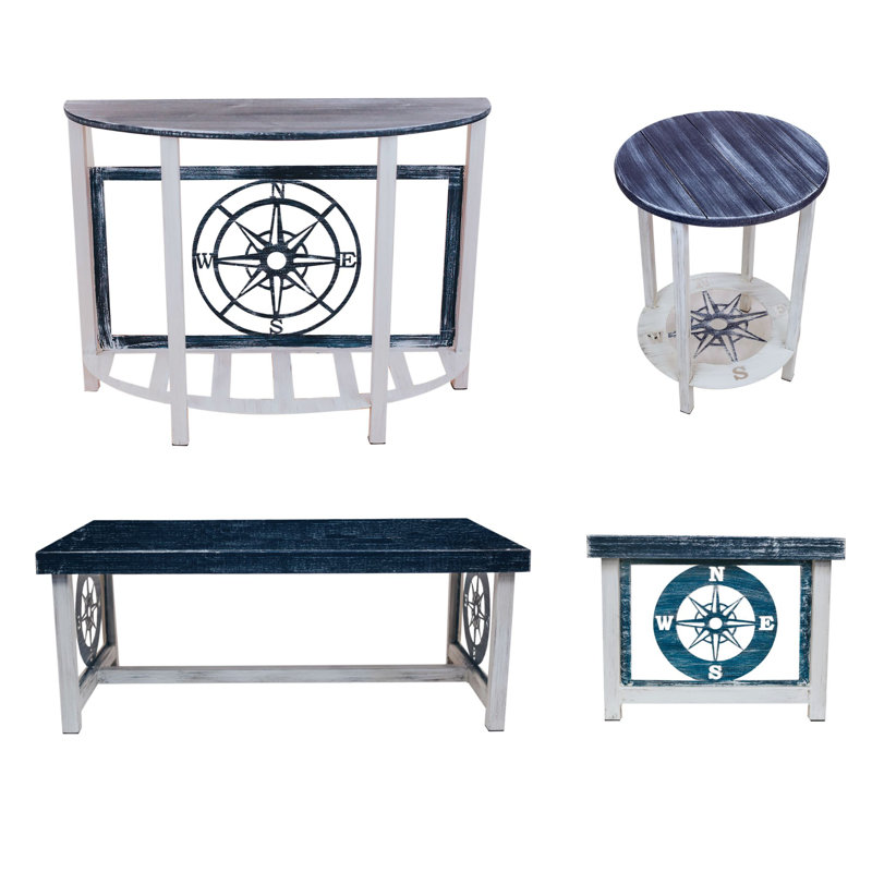 Ensemble de table boussole nautique. 1 table de canapé ronde, 1 table basse rectangulaire, 2 tables de bout rondes en fer