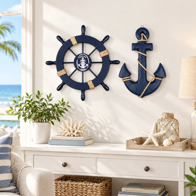 Ensemble de 2 décorations murales en bois nautique avec ancre, bateau de bord de mer bleu et corde suspendue pour la maison, décoration de plage
