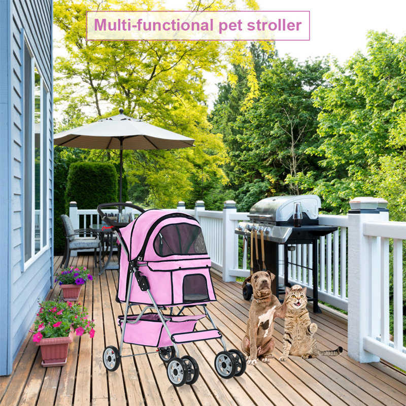 Pink 4-Wheel Pet Stroller with Mesh Windows