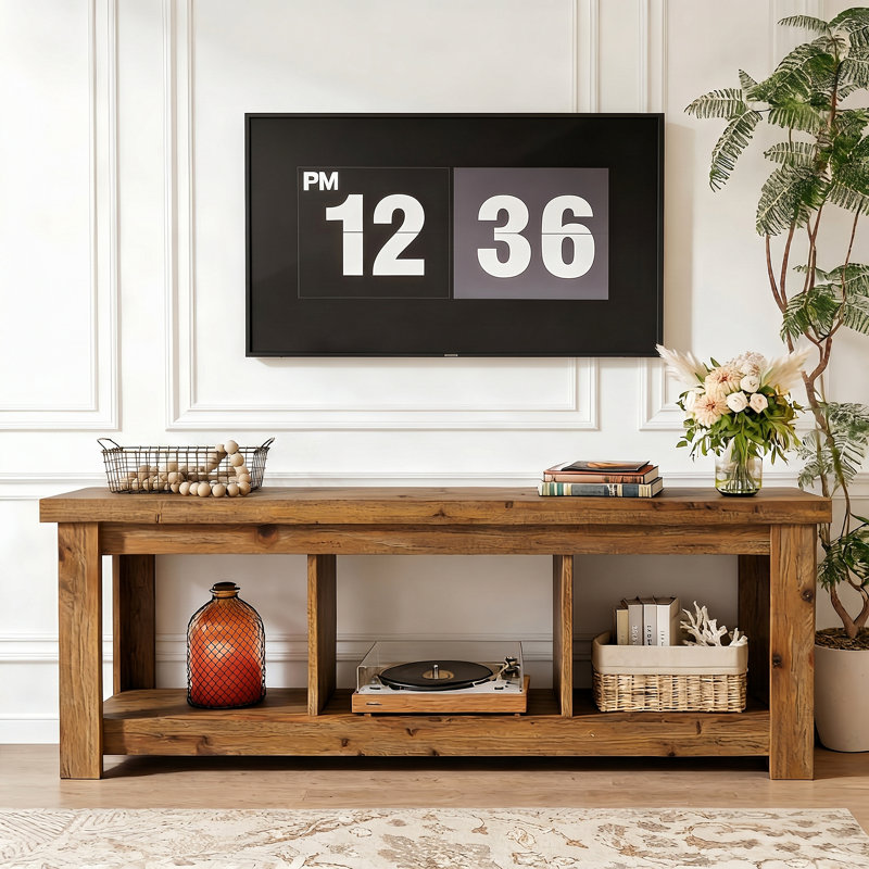 62.99" Long Solid Wood TV Stand With 3 Open Shelves, Brown