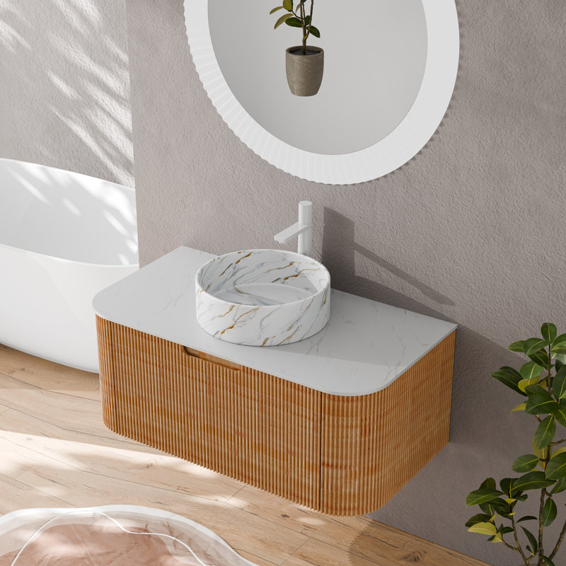 Ensemble de meuble-lavabo rayé mural en bois naturel 36 po Echoe, Orange clair