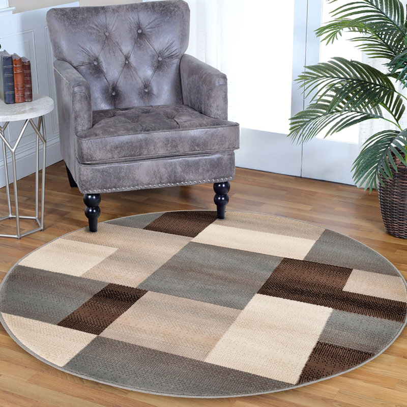 Dushon Grey-Brown Patchwork Power Loom Stain Resistant Area Rug, Round 8'