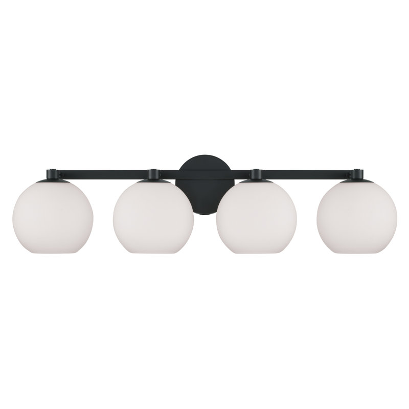 Matte Black 4-Light Vanity with Soft White Glass Globes