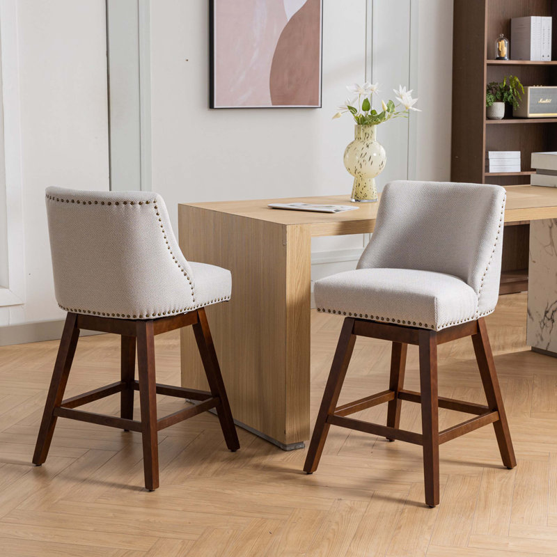 Rolland Counter Height Swivel Barstools, 26'' H Seat Height Upholstered Bar Stools Set of 2, Beige
