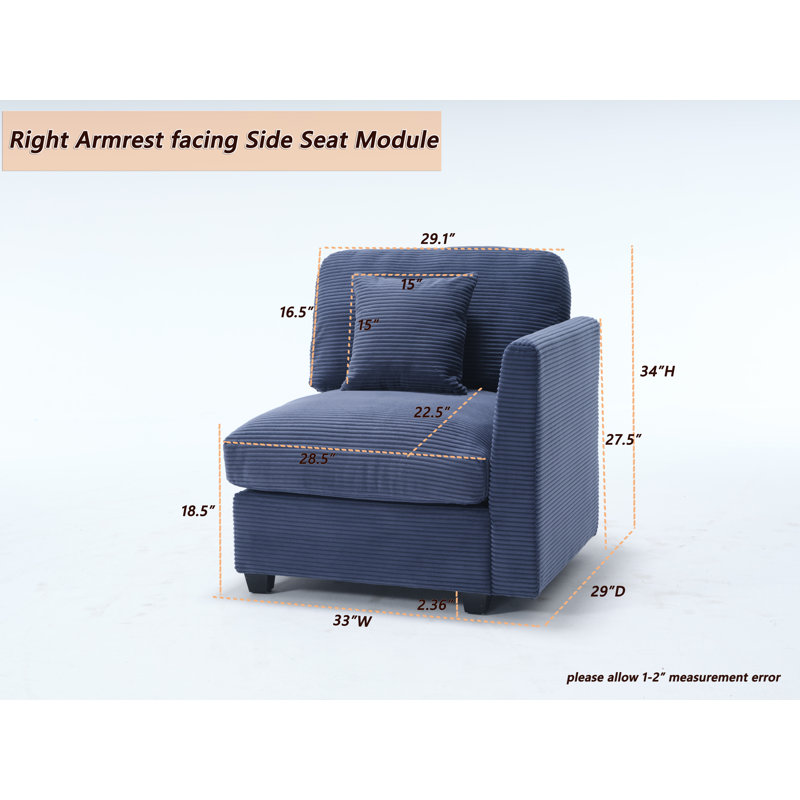 Fauteuil d'appoint modulaire Zayva, Velours côtelé bleu foncé