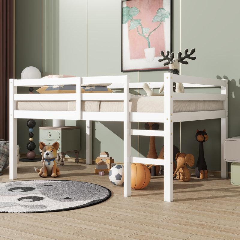 Full Rubber Wood Loft Bed With Ladder,White, White, Full