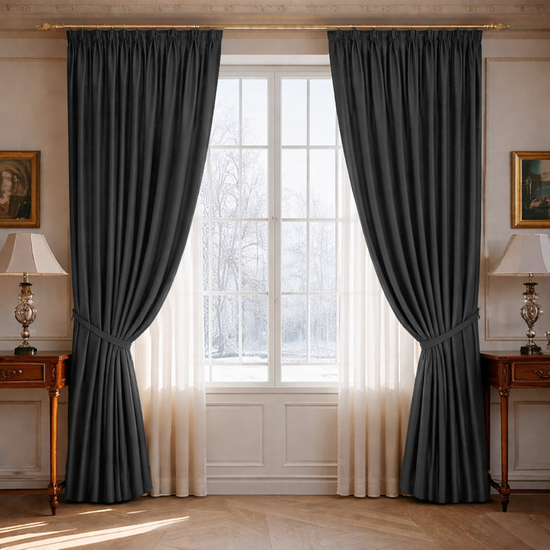 100% Polyester Blackout Pencil Pleat Room Darkening Curtains, Dark Grey, 228cm Width x 228cm Drop