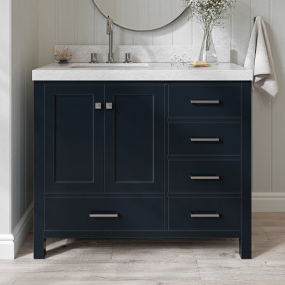 Cambridge 42'' Solid Wood Single Bathroom Vanity in Midnight Blue, with 2'' Carrara Marble Top, Left Offset, Rectangle Sink