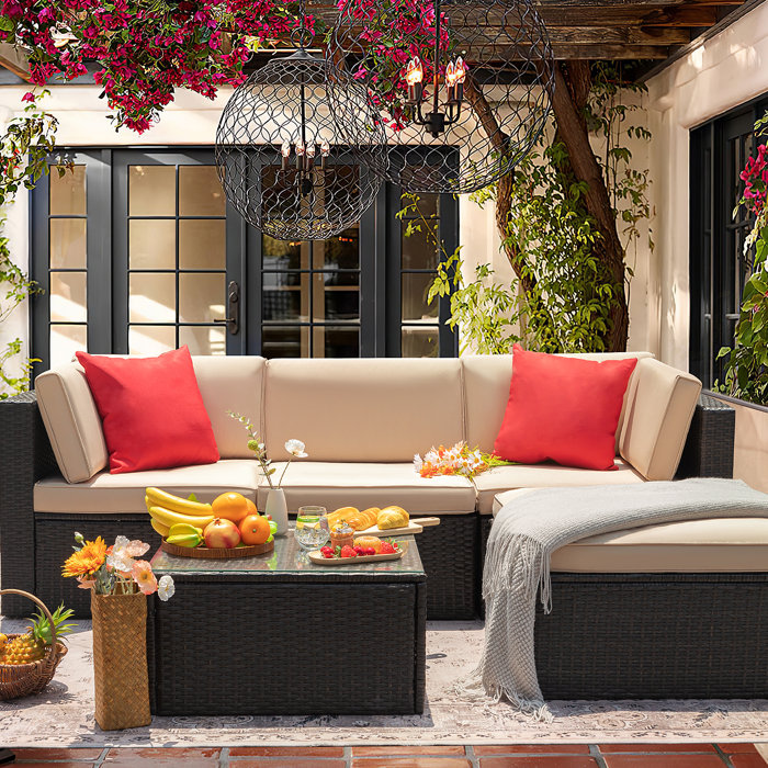 Brayden Studio Huang 4 Person Outdoor Seating Group with Cushions (Beige/Red, Brown)