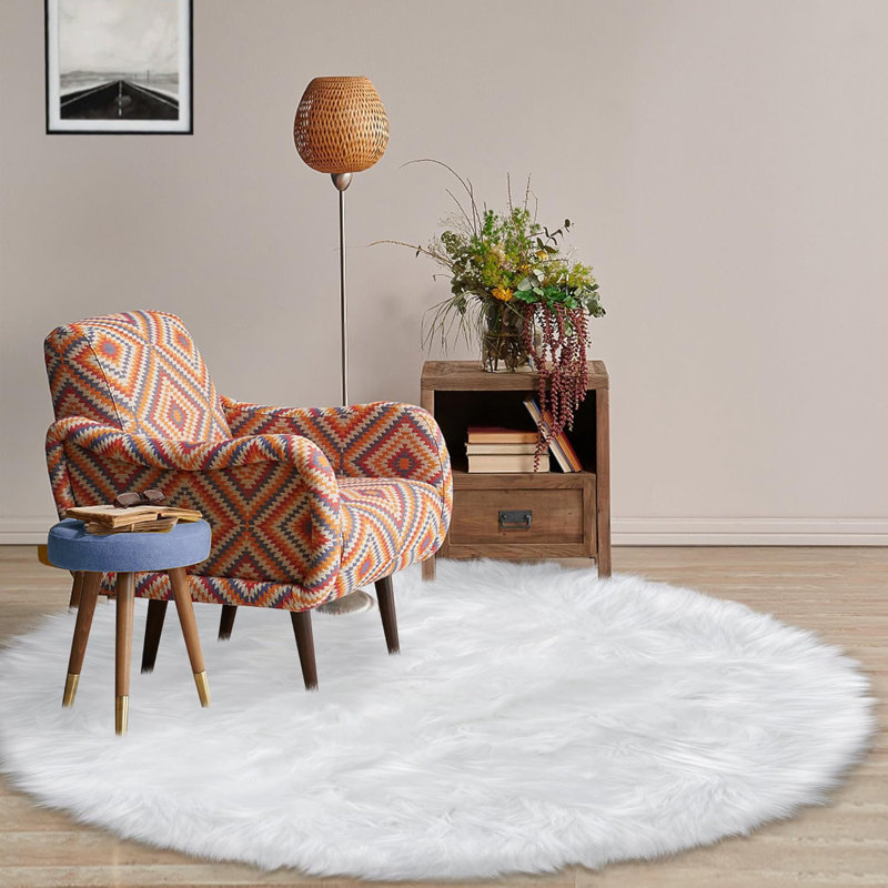 Furry Rug Faux Fur Sheepskin Area Rugs,Cream White High Pile Floor Carpets For Bedroom Shag Plush Carpet, Round 5'