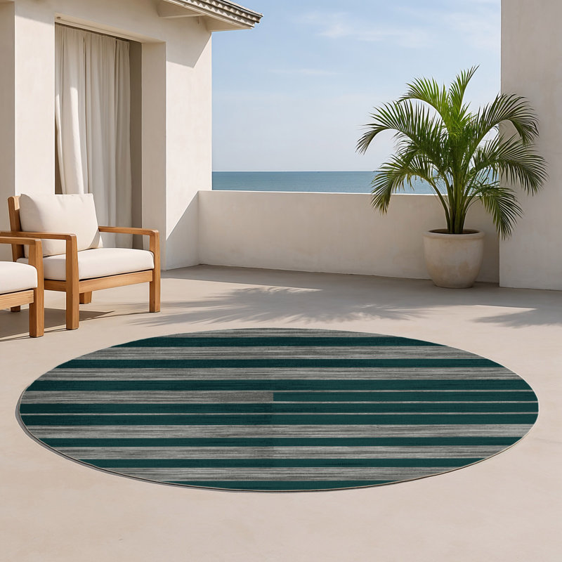 Tapis intérieur / extérieur bleu HorizontalStripes, Rond 5 pi