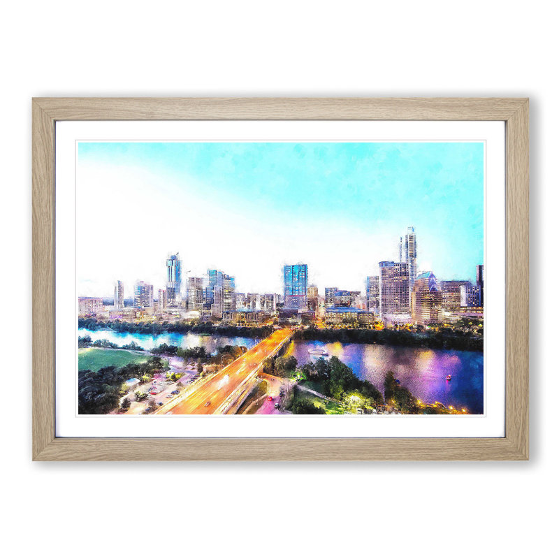 Austin Texas Skyline - Single Picture Frame Painting on MDF, 24cm H x 33cm W x 2cm D, Oak