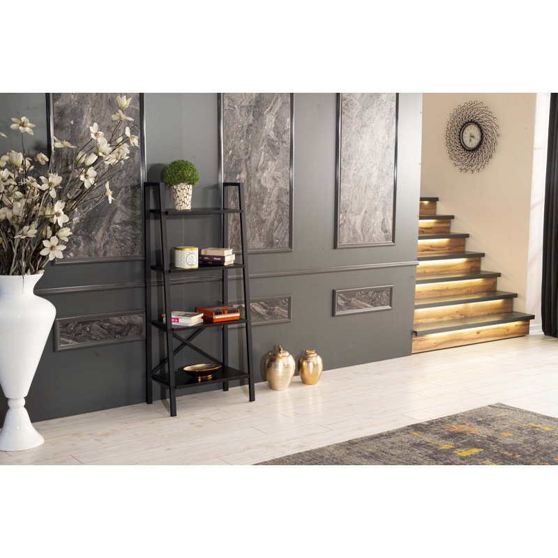 Leon 5 Tier Modern Ladder Bookshelf Organizers, Black