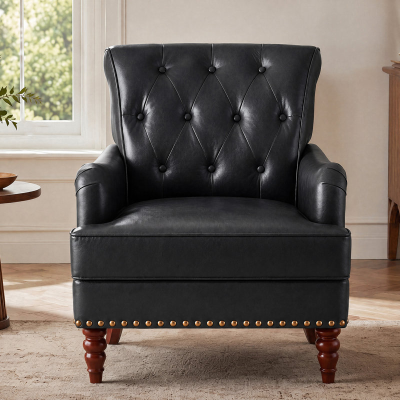 Fauteuil d'appoint capitonné en similicuir 29 po avec garniture cloutée, Noir, 1