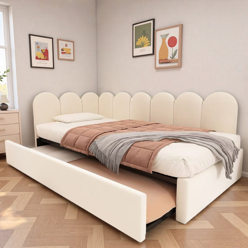 Lit de jour rembourré avec panneaux latéraux réglables et roulettes, Beige