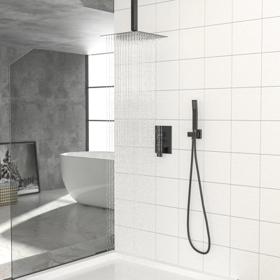 Dual Function, 10 Inch Square, Ceiling Mounted, Shower , Matte Black, - Scald Valve, Easy Installation, All Components Mount, Head Balanced Rainfall Shower, 360 Adjustable