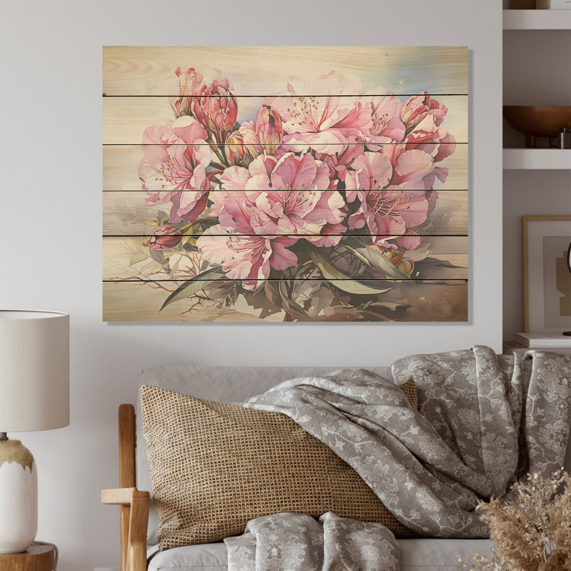 Rhododendron sur la plage - Art sur bois de pin naturel, H 30 po x l 40 po