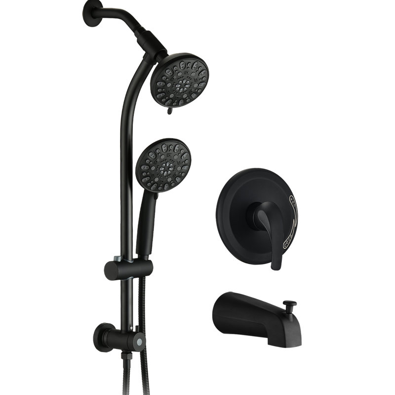 Douche à barre coulissante en acier inoxydable, double tête à 7 réglages, noir mat, débit de 1,8 gallon par minute, système de douche en mode brouillard hydratant avec perceuse en acier, jet de pluie / massage