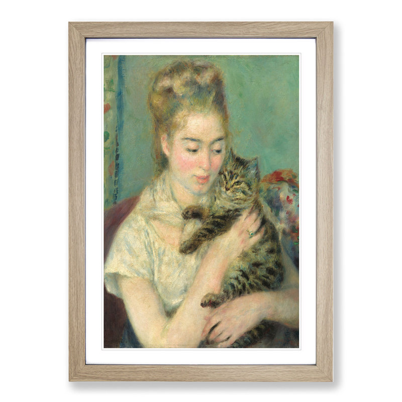 Woman with a Cat by Pierre-Auguste Renoir - Picture Frame Painting on MDF, Oak Framed, 48cm H x 36cm W x 2cm D