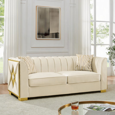 81.1" Velvet Button Tufted Sofa Couch With 2 Pillows, 3 Seater Luxury Chesterfield Sofa Set With Gold Stainless Steel Accents For Living Room, Velvet