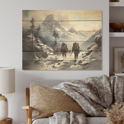 Randonnée en montagne en hiver I - Art mural en bois sur bois de pin naturel