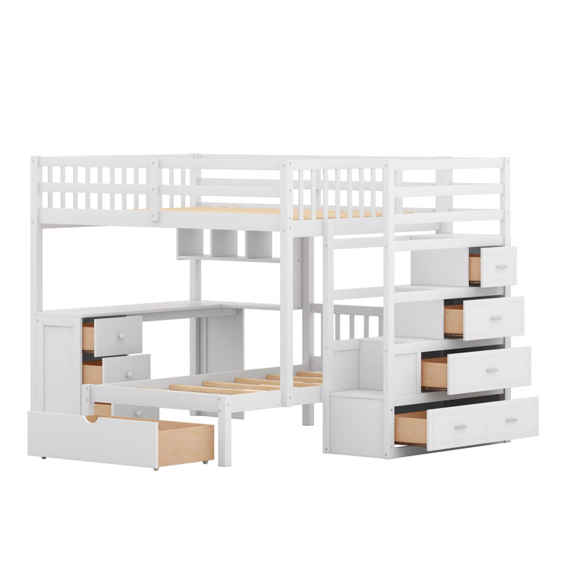 Jarid Full over Twin 8 Drawer Solid Wood Futon Bunk Bed with Bookcase , White