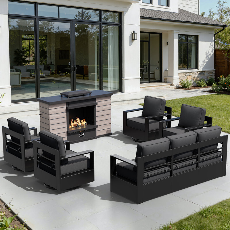 Ensemble de conversation pour patio en aluminium 7 personnes avec foyer, canapé, 4 chaises pivotantes et coussins gris Abdullah