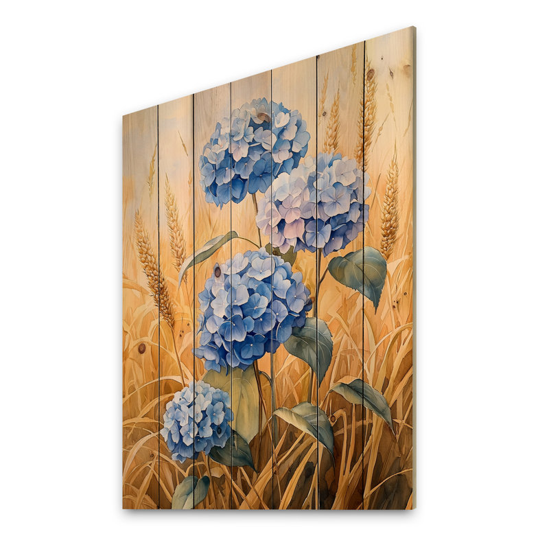 Hortensias dans la récolte de maïs - Art mural en bois d'hortensias - sur bois de pin naturel, H 40 po x l 30 po x P 0,78 po