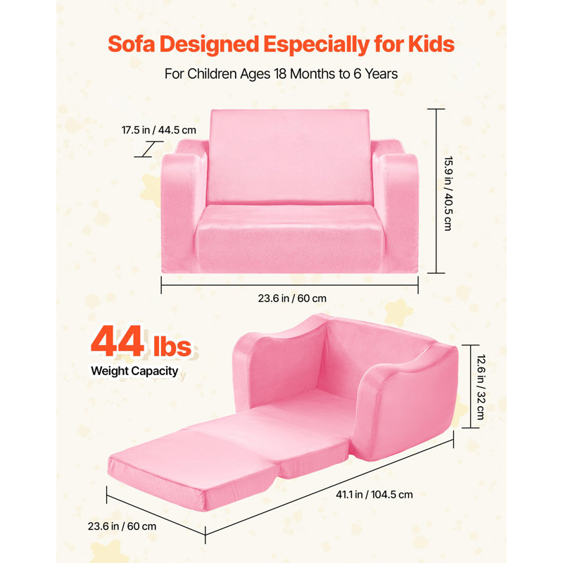 2-In-1 Kids Sofa, Foldable Toddler Soft Couch With Armrests, Made Of 28D Sponge & Short Pile, Convertible Toddler Chair To Lounger, Kid Couch Fold Out For Fun Playtime Or Comfy Lounging, M, Pink