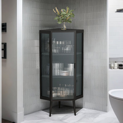 22.25'' Floor Coner Cabinet,Three Tiers With Tempered Glass Doors And Storage Shelves For Bathroom, Living Room And Bedroom