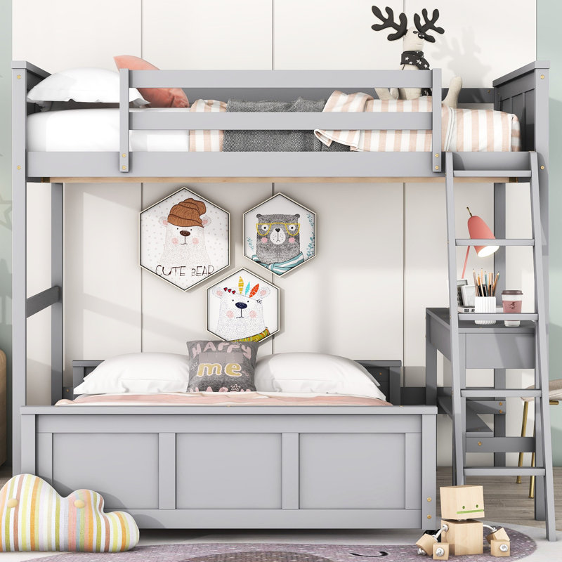 Lit superposé simple au-dessus d'un lit double gris avec bureau de travail - Bureau en bois massif, Gris